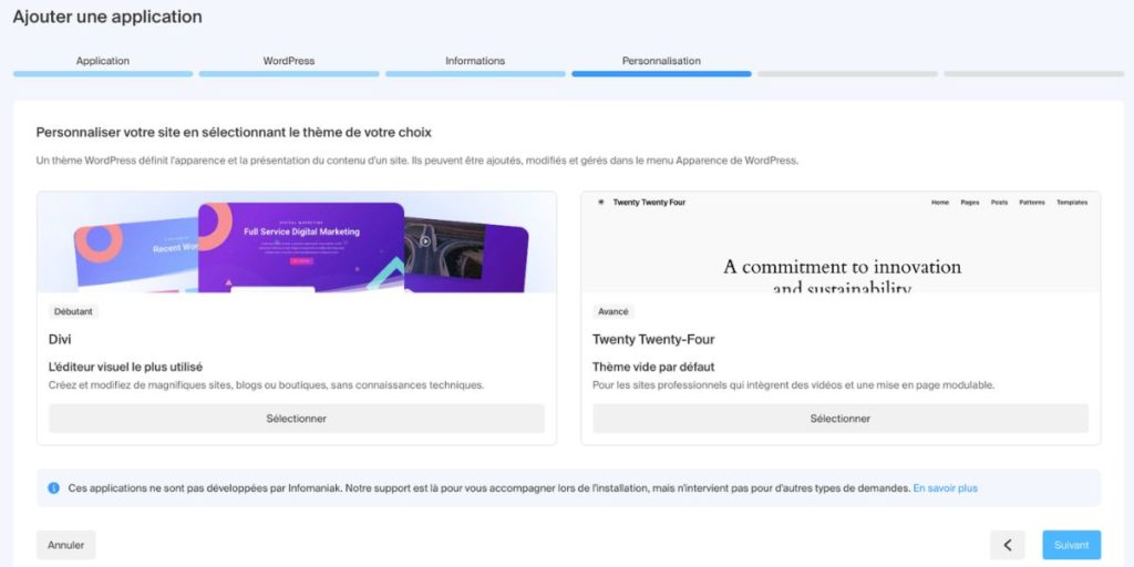 Aperçu du choix du thème lors de l'installation de WordPress
