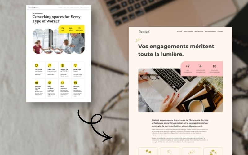 Image présentant le template et le site créé à partir de ce template