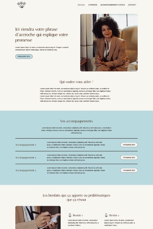 Aperçu du template de site web Thelma pour les coachs, thérapeuthes, pro du bien-être, prestataire, formatrices, ...